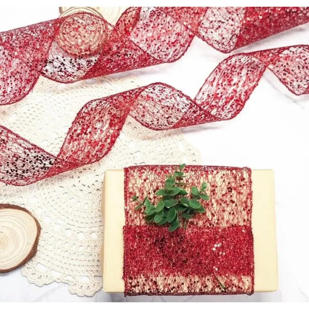 Red Glitter Mesh Wired Ribbon 2.5 inch x 20 Yds Christmas Decor Gift Wreath Bows